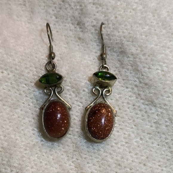 Brown and Green Teardrop Dangle Earrings - Picture 2 of 3